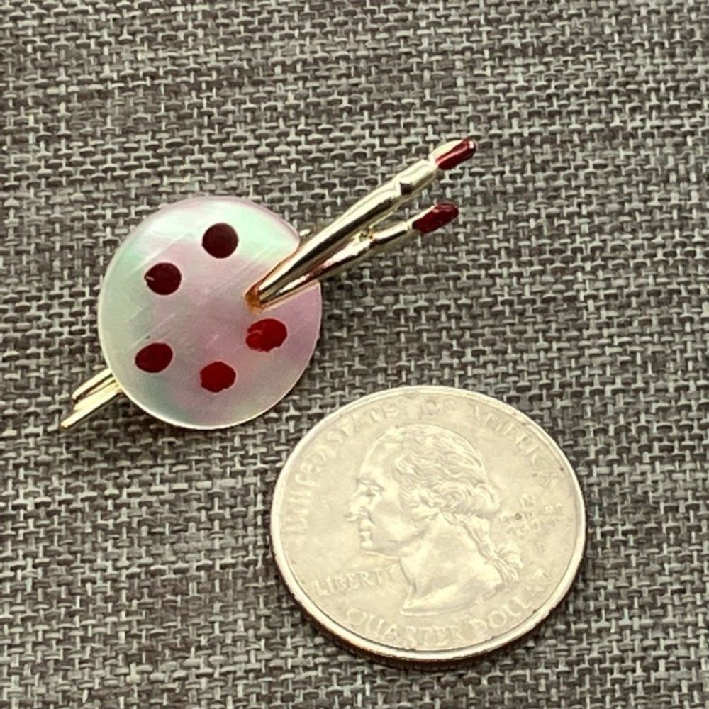 Artist Palette Pin Brooch Red Mother Of Pearl Gold Brushes Paint Painter Art
